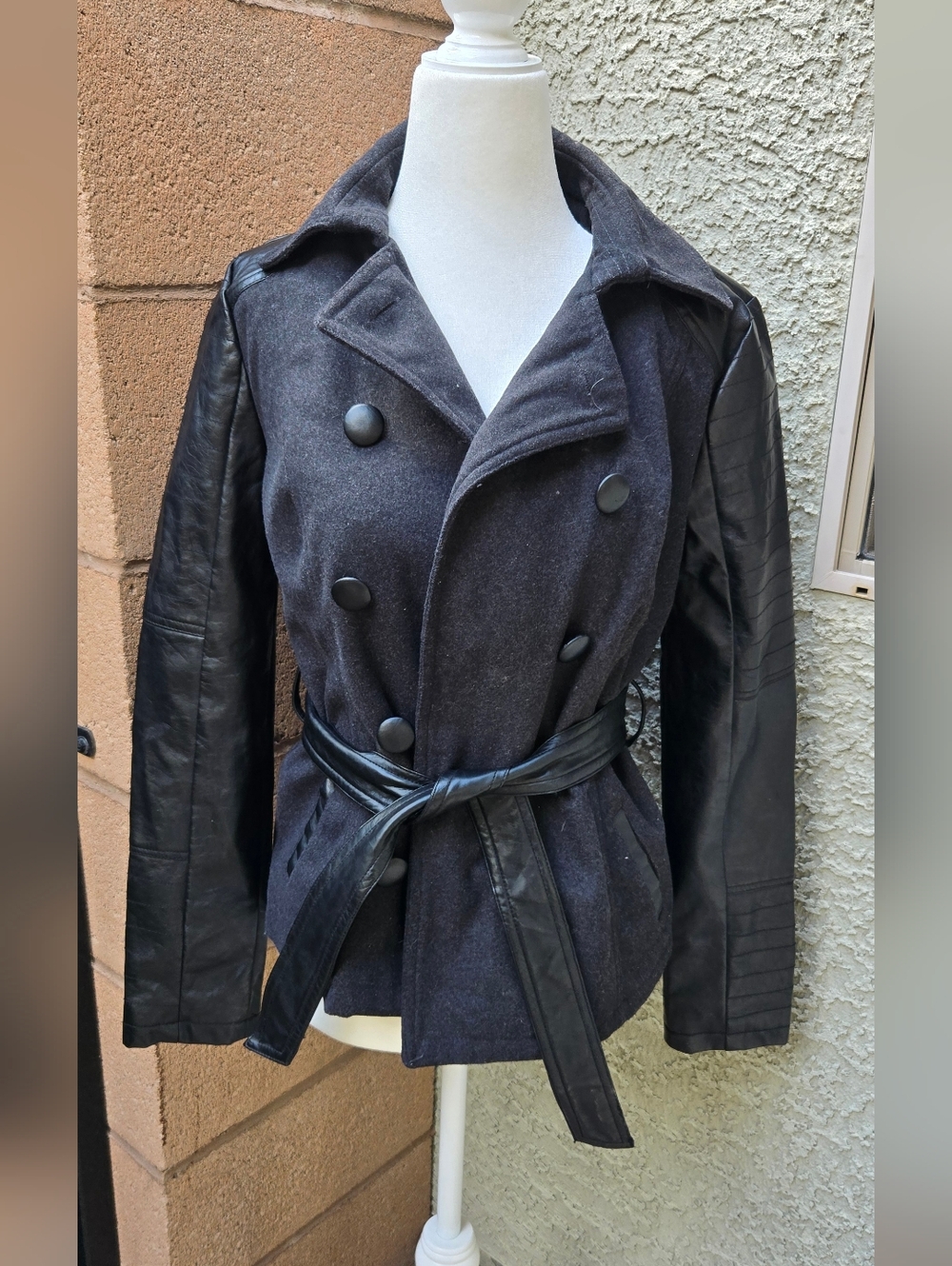 Voice Women’s Black Wool-Blend Peacoat with Faux Leather Sleeves